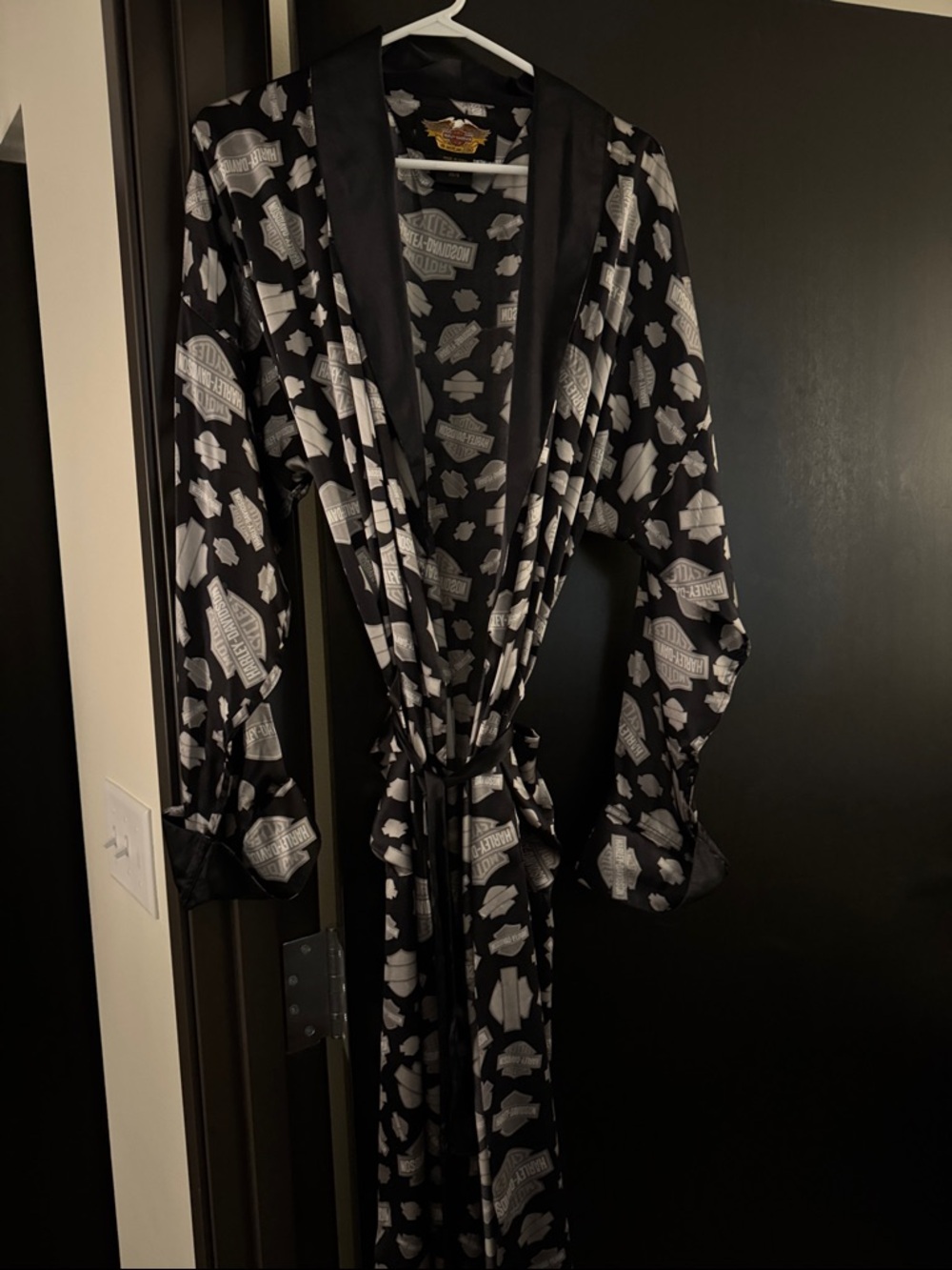 Harley-Davidson Black Satin Logo Print Robe with Silver Accents